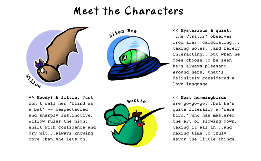 bat, cartoon bat, willow, willow bat, hunnie bumble, bertie, hummingbird, alien bee, alien, i beelieve, i believe